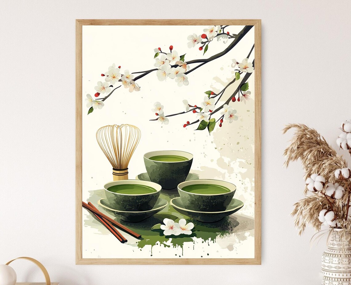 Japanese Matcha Tea Art Print, Cherry Blossom Whisk