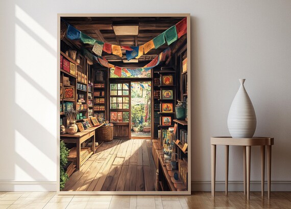 Sunlit Tibetan Prayer Flag Gift Shop Interior Cultural Art Poster