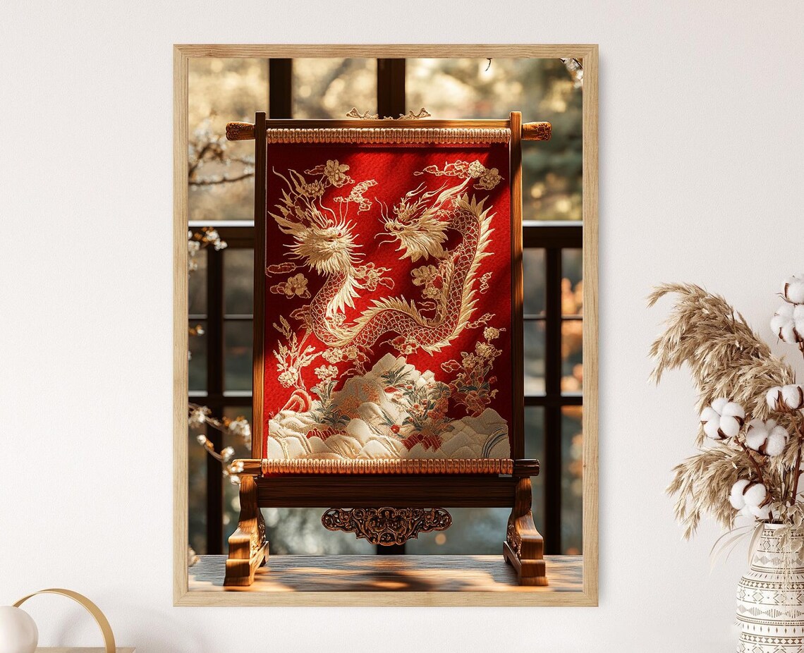 Chinese Silk Embroidery Dragon And Phoenix Poster