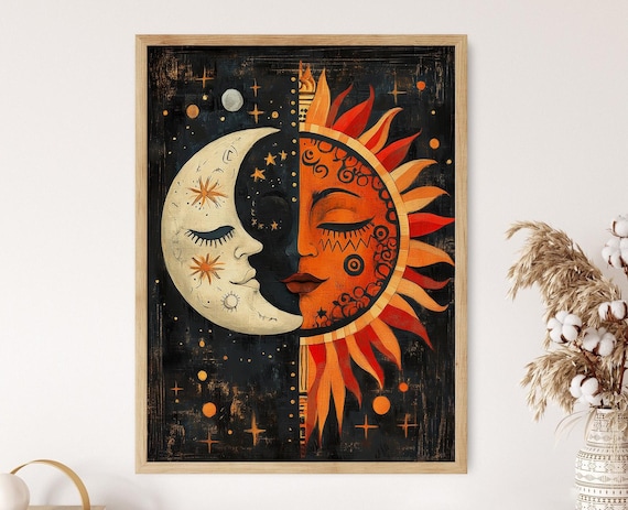 Mexican Sun and Moon Art Print, Celestial Decor