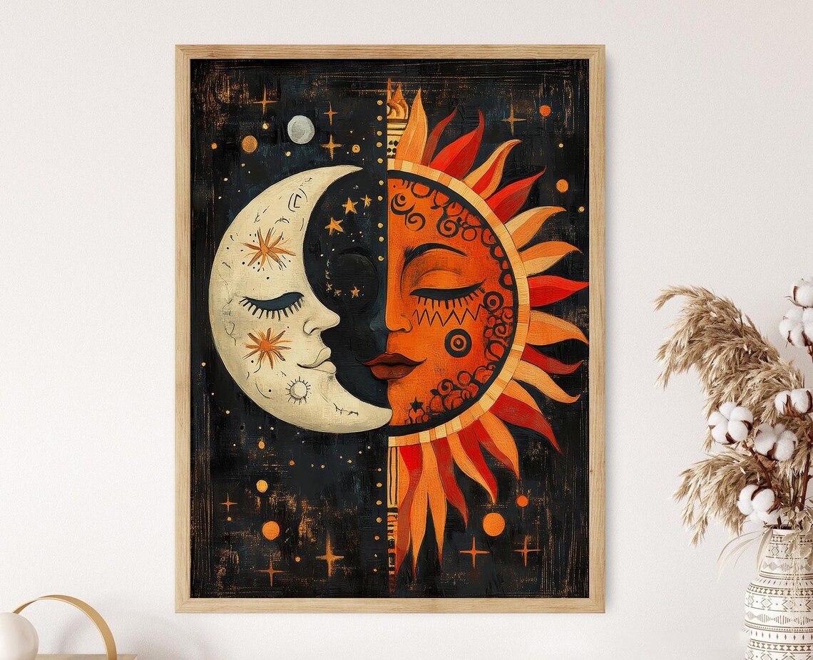 Mexican Sun and Moon Art Print, Celestial Decor