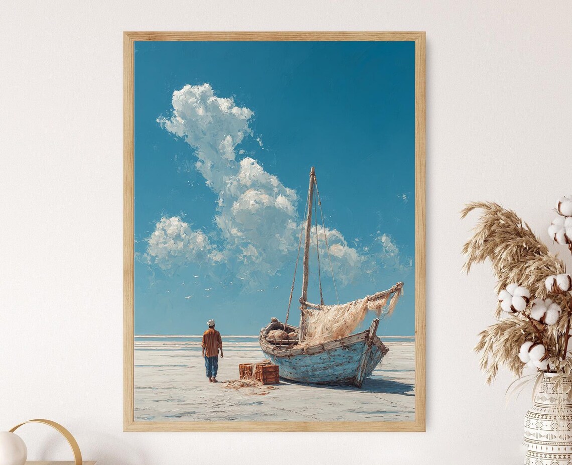 Gujarat Fisherman Dhow Boat Poster White Salt Flats Dramatic Clouds Coast Art