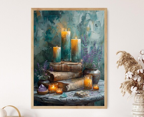 Wiccan Altar Scene, Candles, Crystals and Texts