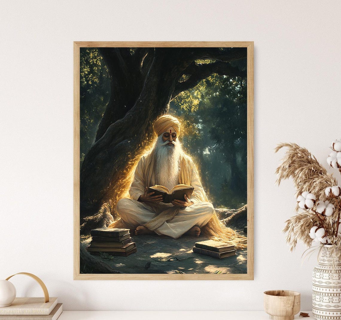 Guru Nanak Teaching Illustration Spiritual Sikh Art Under Banyan Tree
