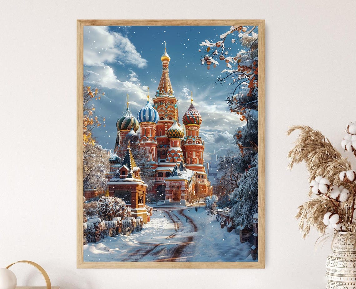 Saint Basils Cathedral Moscow Painting Vibrant Onion Domes Art Print Wintery Backdrop Scene