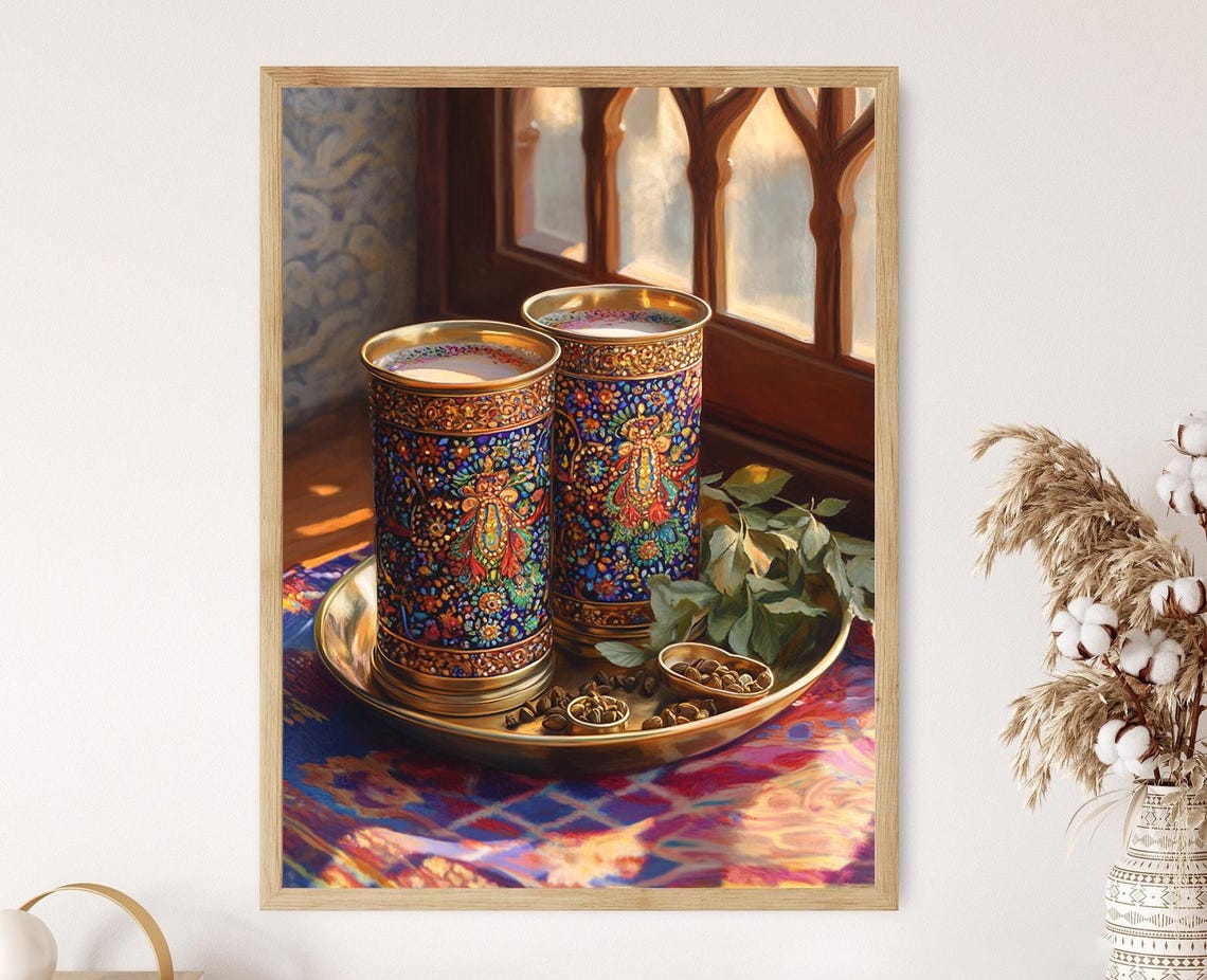 Indian Brass Lassi Glass Art Print Rajasthani Meenakari Kitchen Decor Traditional Drinkware