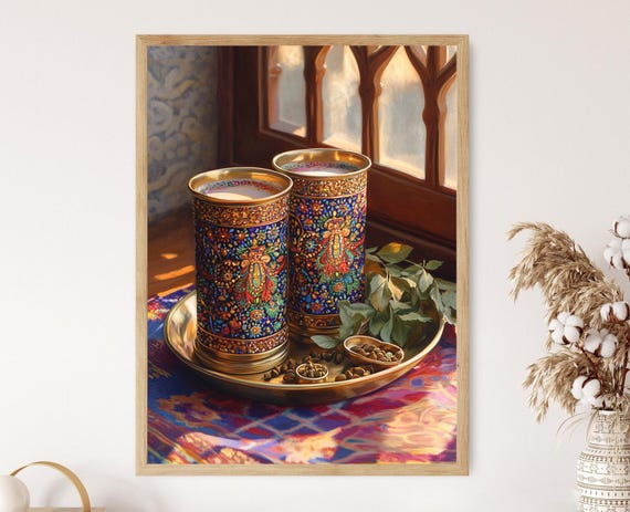 Indian Brass Lassi Glass Art Print Rajasthani Meenakari Kitchen Decor Traditional Drinkware