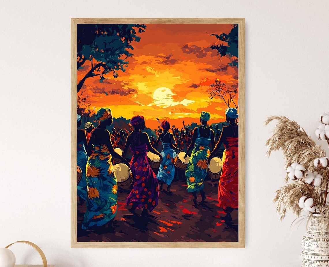 African Women Drummers Celebrating Under A Fiery Sunset Poster
