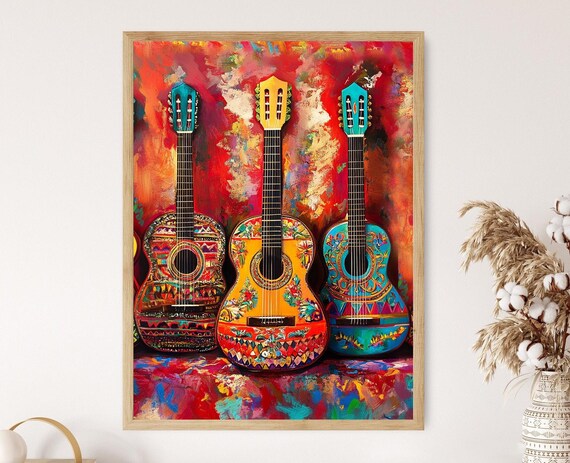 Mexican Guitars Art Print, Vibrant Folk Music Decor