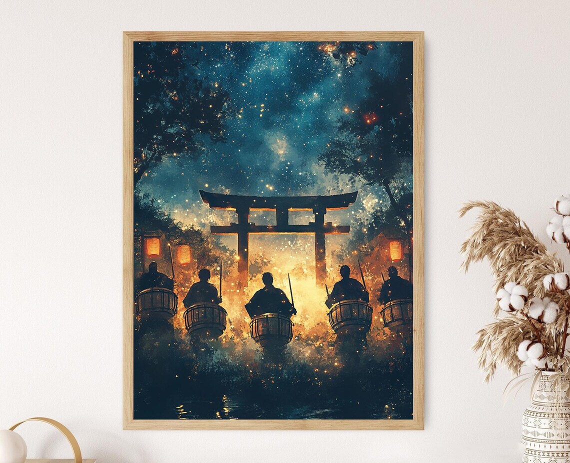 Taiko Drummers Under Starry Sky Art Print Japanese Traditional Music Poster