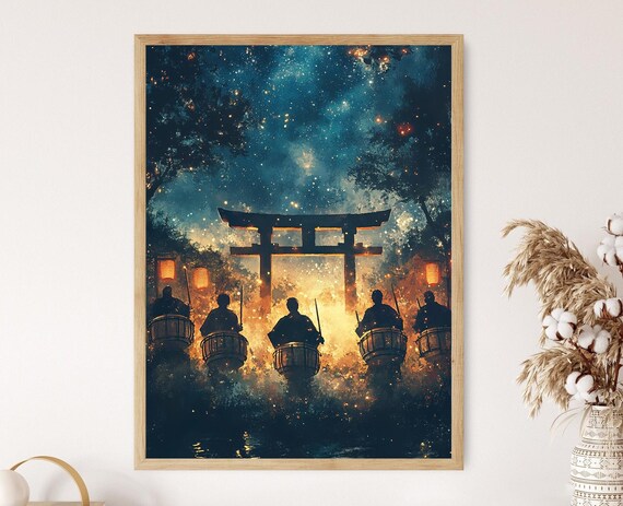 Taiko Drummers Under Starry Sky Art Print Japanese Traditional Music Poster