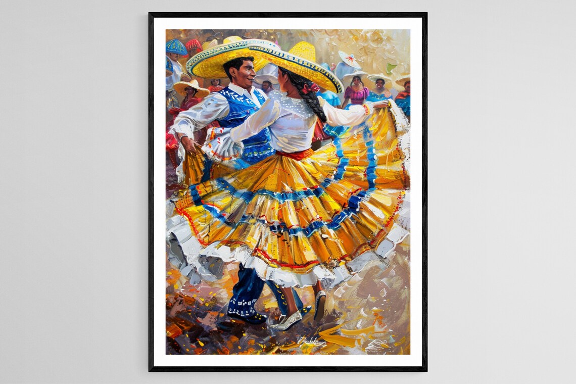 Mexican Folk Dance Couple Sombreros Colorful Festival Painting Poster
