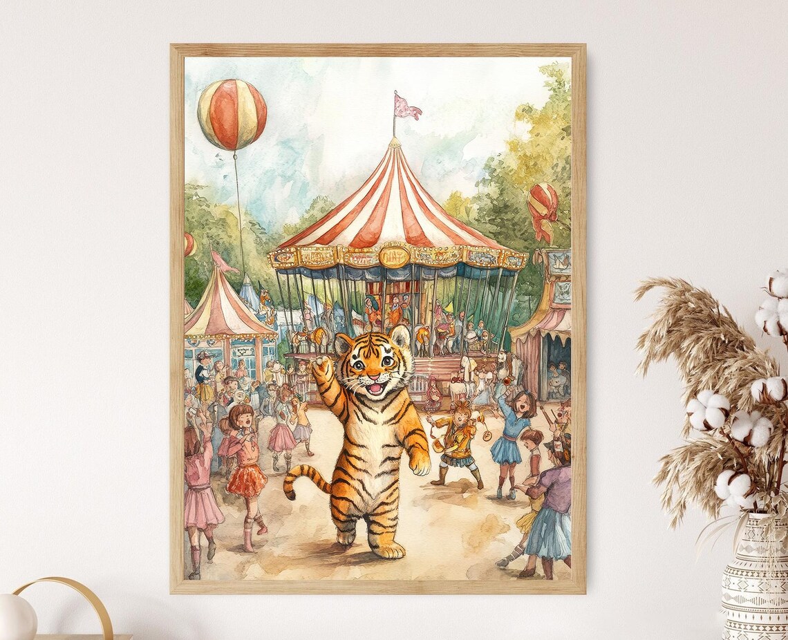 Circus Tiger Carnival Carousel Watercolor Kids Nursery Art Poster