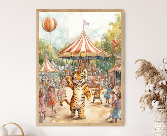 Circus Tiger Carnival Carousel Watercolor Kids Nursery Art Poster