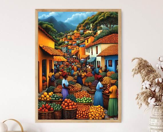 Ivory Coast Marketplace Illustration Colorful Farm Market Painting African Fruit Art Wall Art For Kitchen African Restaurant Decor