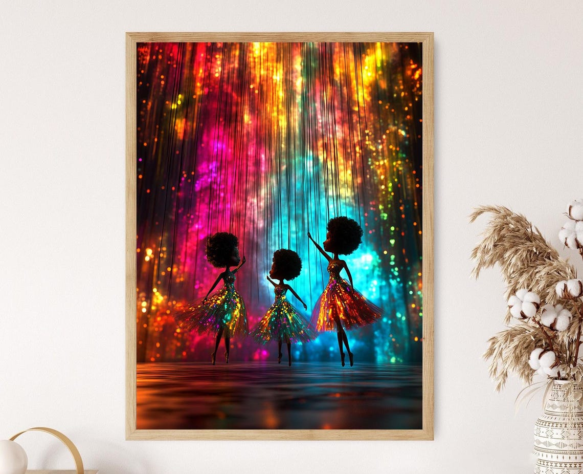 Cosmic Marionette Dance Art Print Surreal Puppet Illustration Vibrant Fantasy Wall Decor