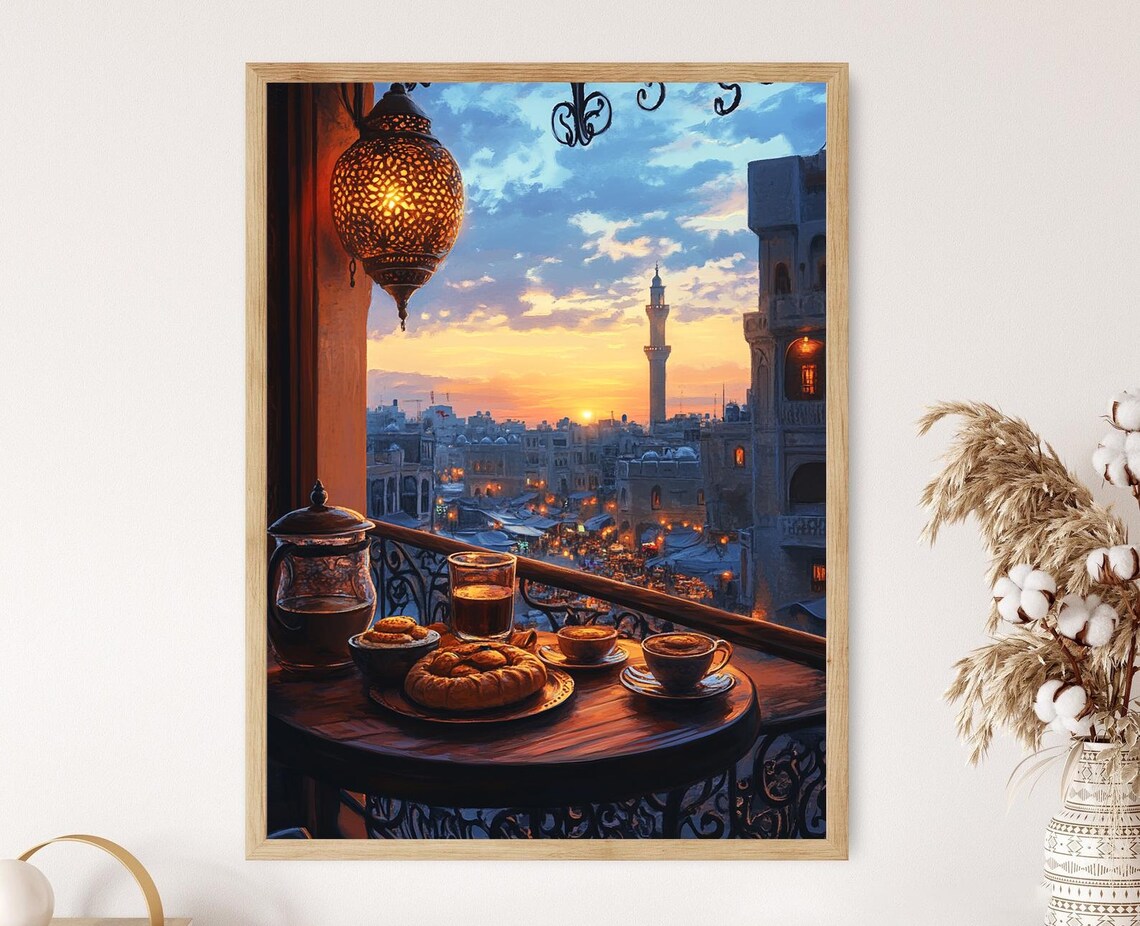 Coffee Set With Zarqa Market View Jordanian Balcony Scene Urban Art Print