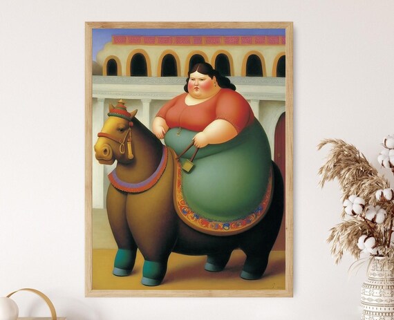 Botero Style Woman Horseback Ride Bullring Courtyard Colorful Art Poster