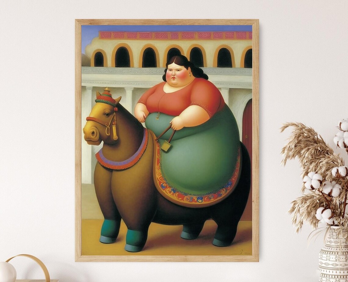 Botero Style Woman Horseback Ride Bullring Courtyard Colorful Art Poster