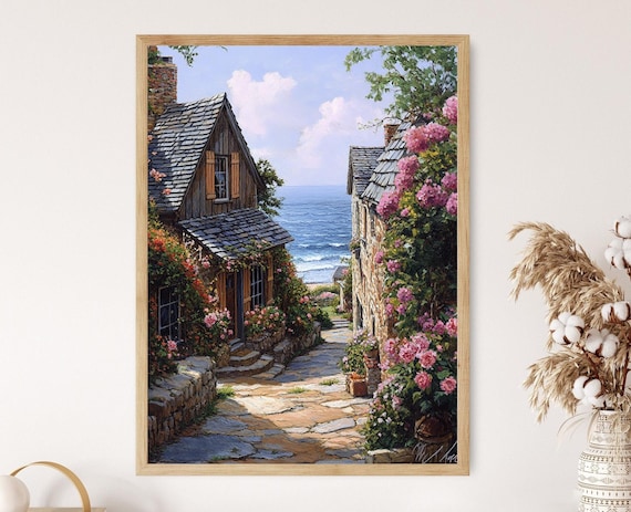 Carmel By The Sea Cottage Row Coastal Garden Art Print Seaside Village Illustration