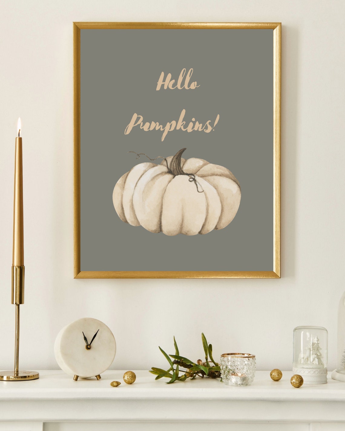 Hello Pumpkins White Pumpkin Watercolor Fall Quote Art Poster - Image 3