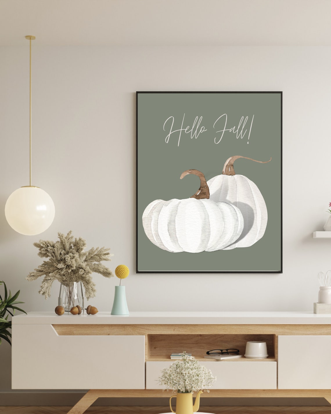 Hello Fall White Pumpkins Watercolor Sage Green Autumn Poster - Image 5