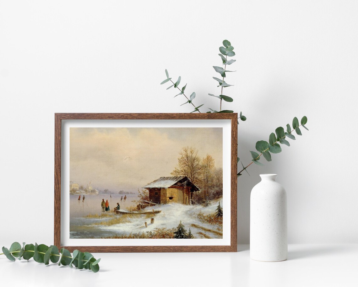 Vintage Winter Lake Cabin Snow Skaters Oil Painting Style Poster