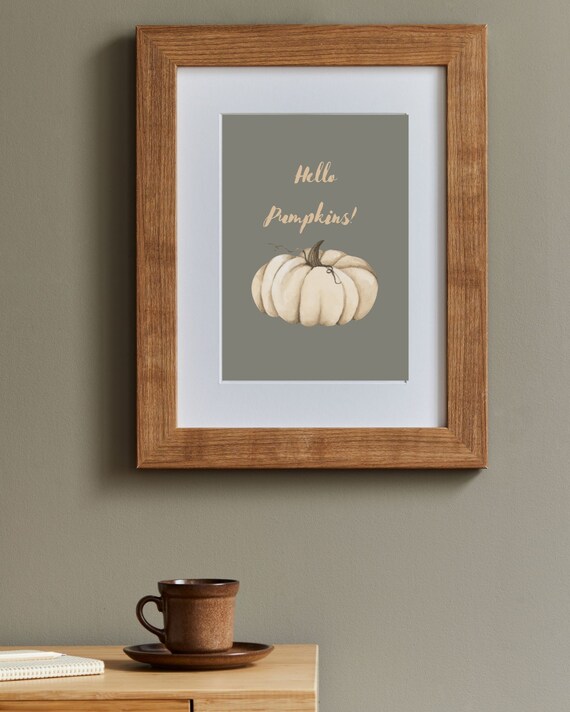 Hello Pumpkins White Pumpkin Watercolor Fall Quote Art Poster