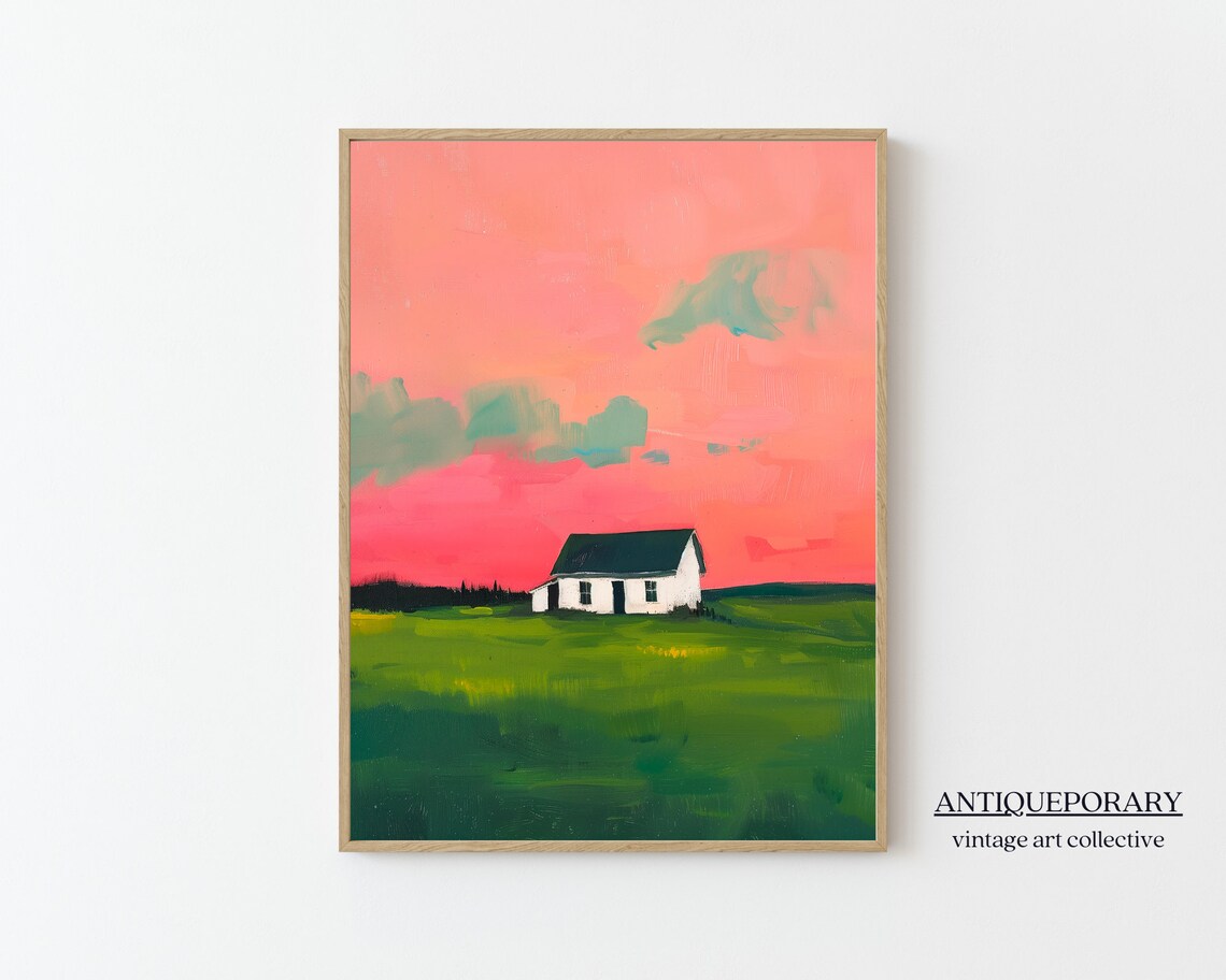 Little Farmhouse Under Pink Sunset Modern Abstract Landscape Poster - Image 7