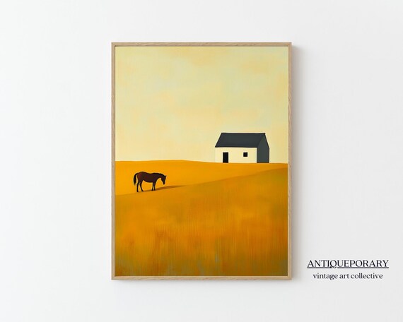 Golden Field Grazing Horse White House Warm Minimalist Art Poster