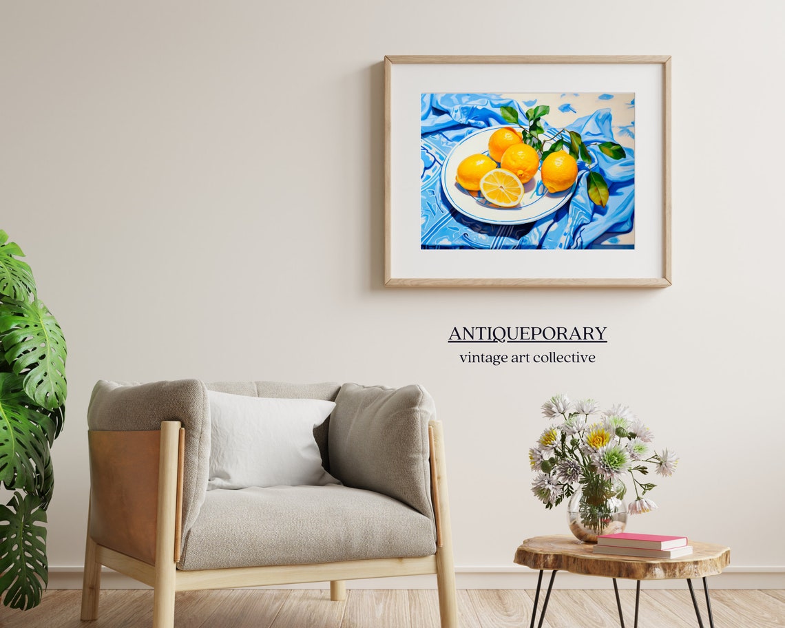 Lemon Still Life Blue Patterned Cloth Bright Citrus Painting Poster - Image 5
