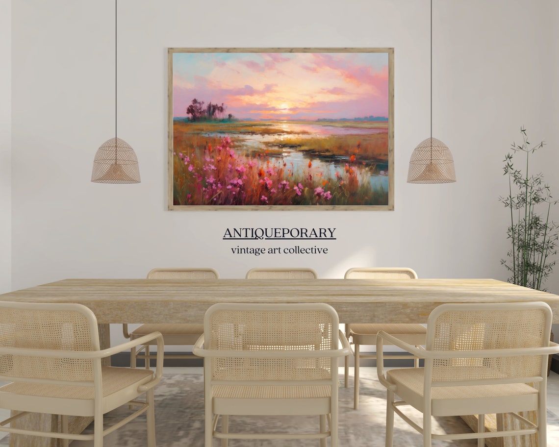 Wildflower Marsh Sunset Reflections Impressionist Landscape Poster - Image 2