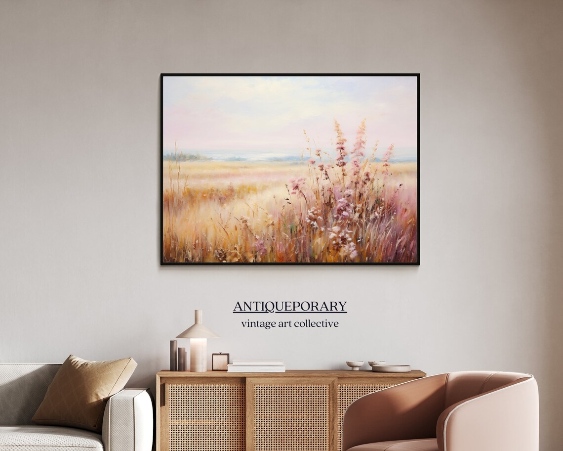 Wildflower Field Landscape Oil Painting Neutral Landscape Art Print Vintage Country Wall Art Antique Rustic Farmhouse Decor - Image 7