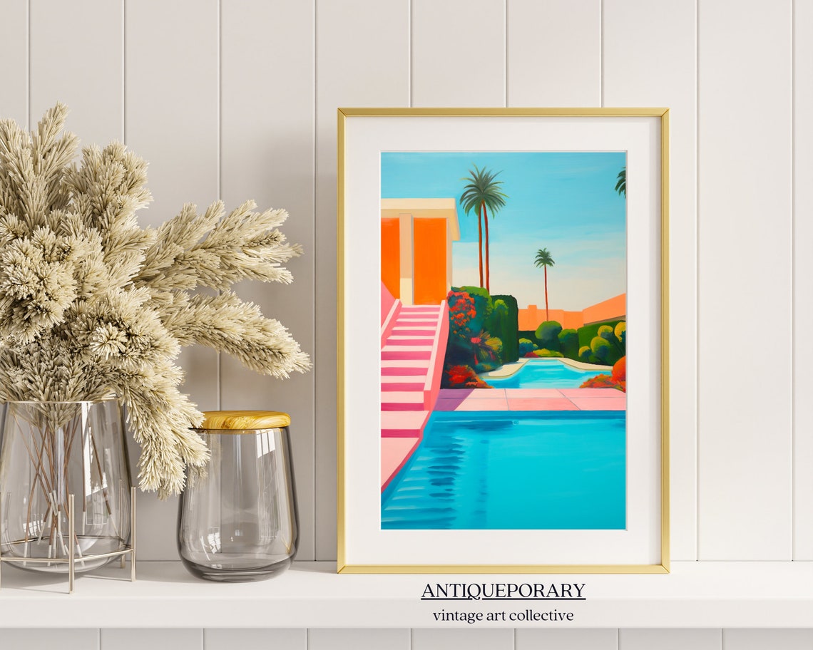 Tropical Pink Staircase Pool Palm Trees Retro Resort Painting Poster - Image 4