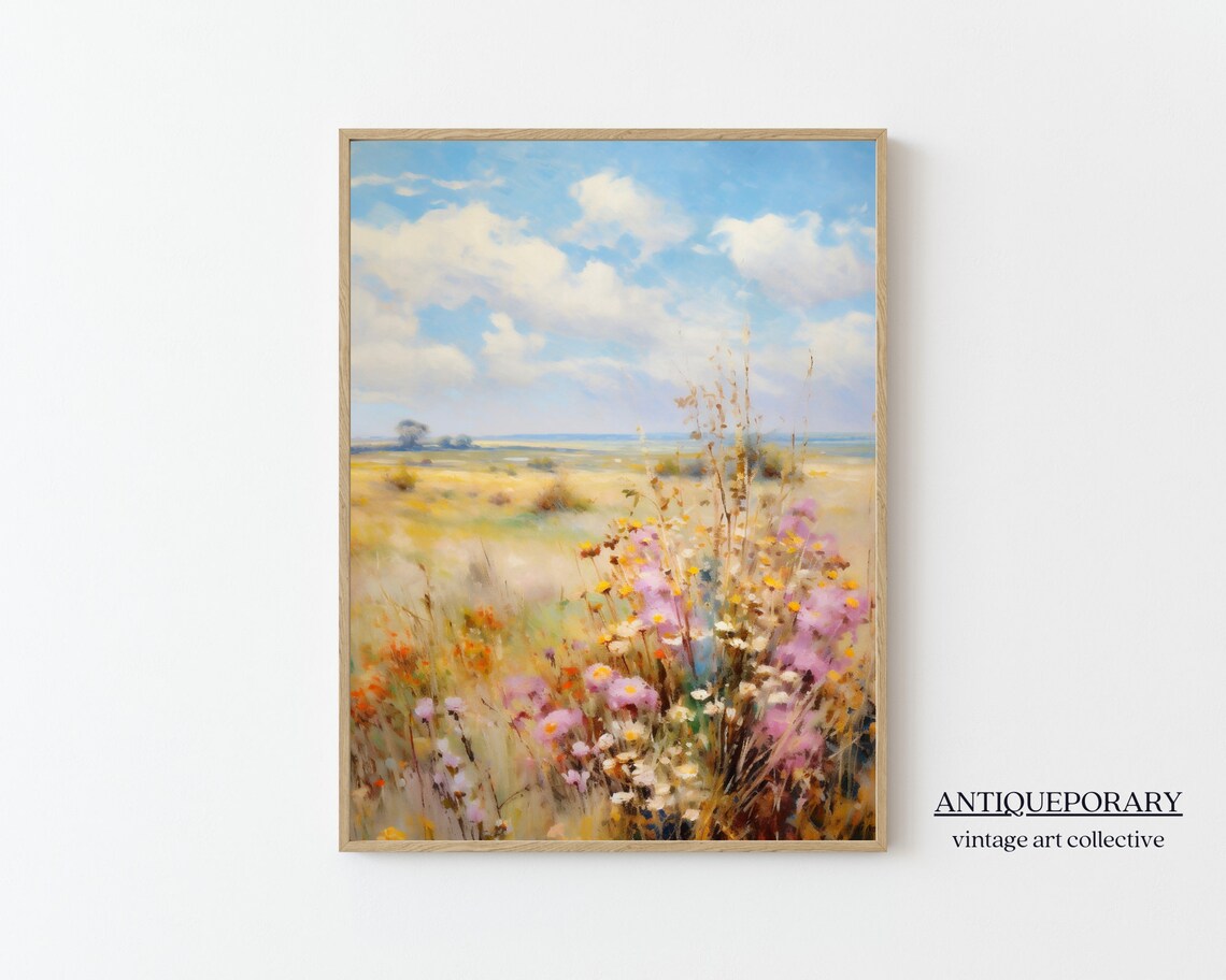 Wildflower Field Landscape Oil Painting Vintage Landscape Art Print Muted Country Field Wall Art Nature Art