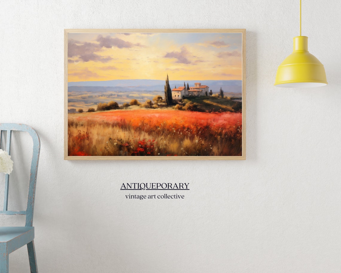 Tuscan Villa on a Hilltop Above a Red Poppy Field Sunset Poster - Image 6
