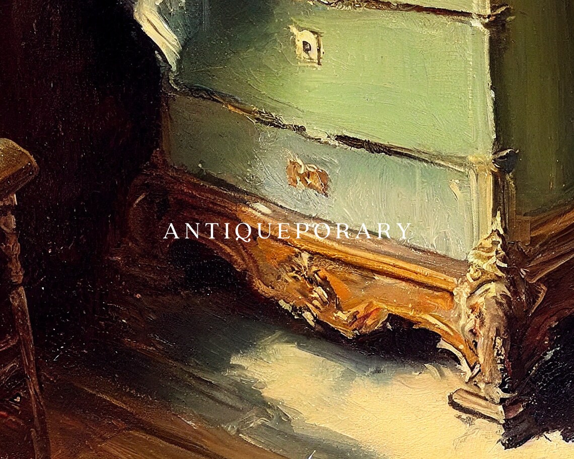 Vintage Dresser Interior Oil Painting of a Sunlit Corner Print - Image 2