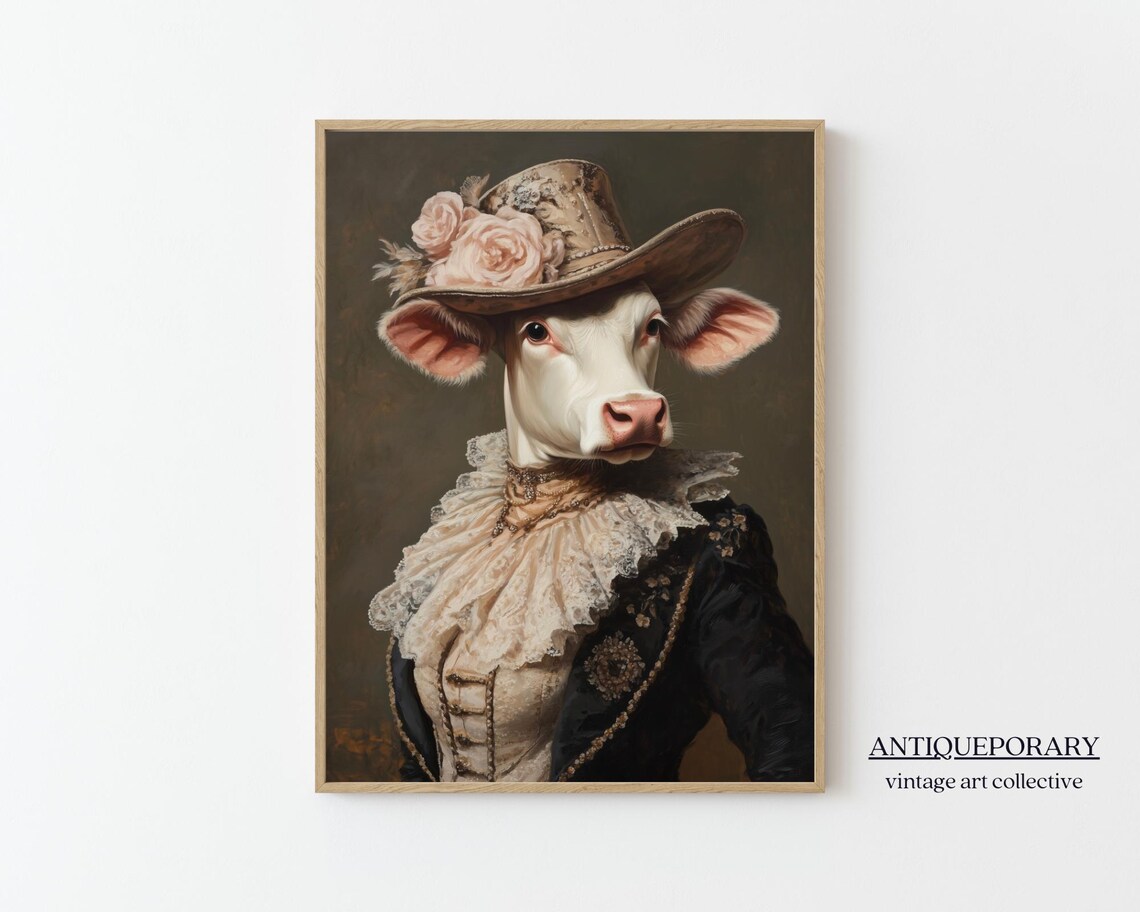 Royal Lady Cow Rose Hat Lace Vintage Elegant Animal Portrait Poster
