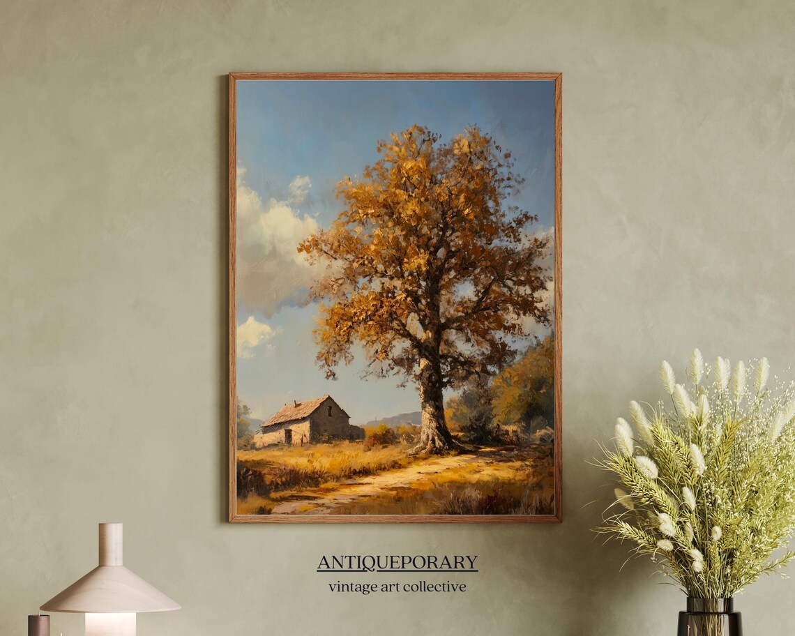 Golden Autumn Tree by Stone Cottage Vintage Pastoral Landscape Poster - Image 7