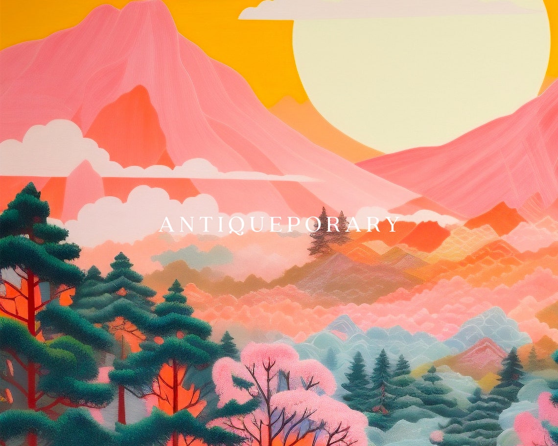 Japanese Sunset Mountain Cherry Blossom River Landscape Poster - Image 3