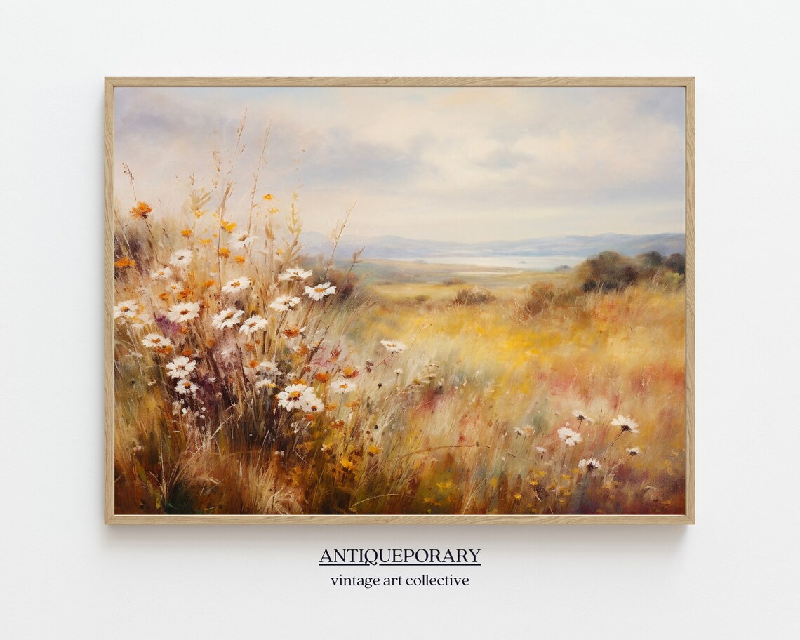 Golden Meadow Wildflowers with Lake and Hills Soft Light Art Poster