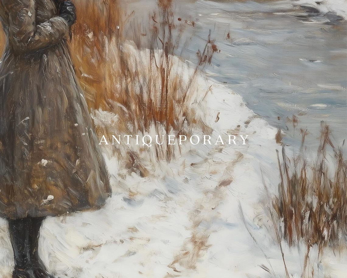 Woman with Umbrella Standing by a Snowy River Winter Scene Poster - Image 2