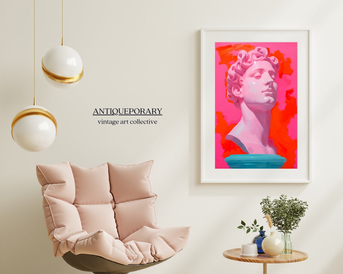 Pink Classical Bust Statue on Hot Pink Bold Modern Art Wall Print - Image 2