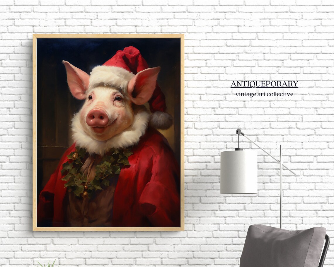 Smiling Pig Dressed as Santa with Holly Christmas Portrait Poster - Image 5