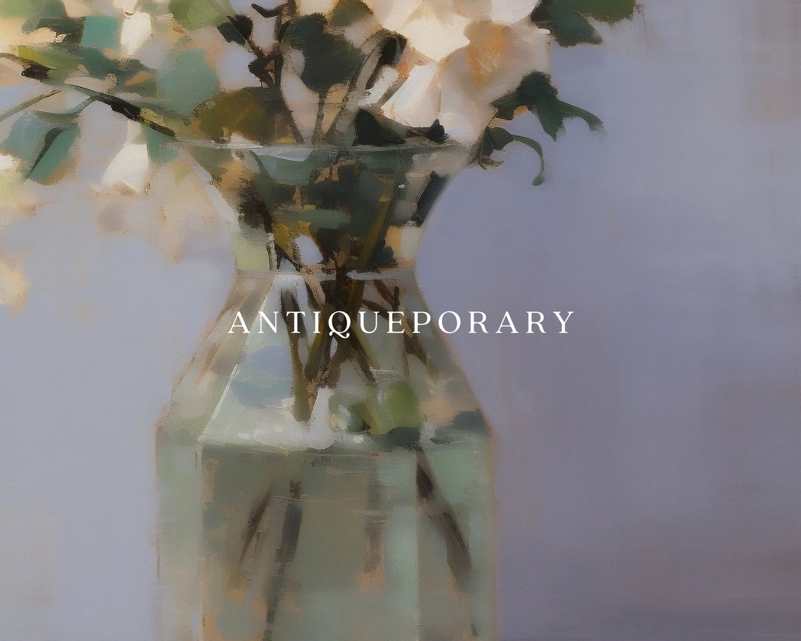 Flower Vase Still Life Painting Neutral Still Life Painting Vintage Kitchen Print Neutral Flower Oil Painting Farmhouse Decor - Image 2