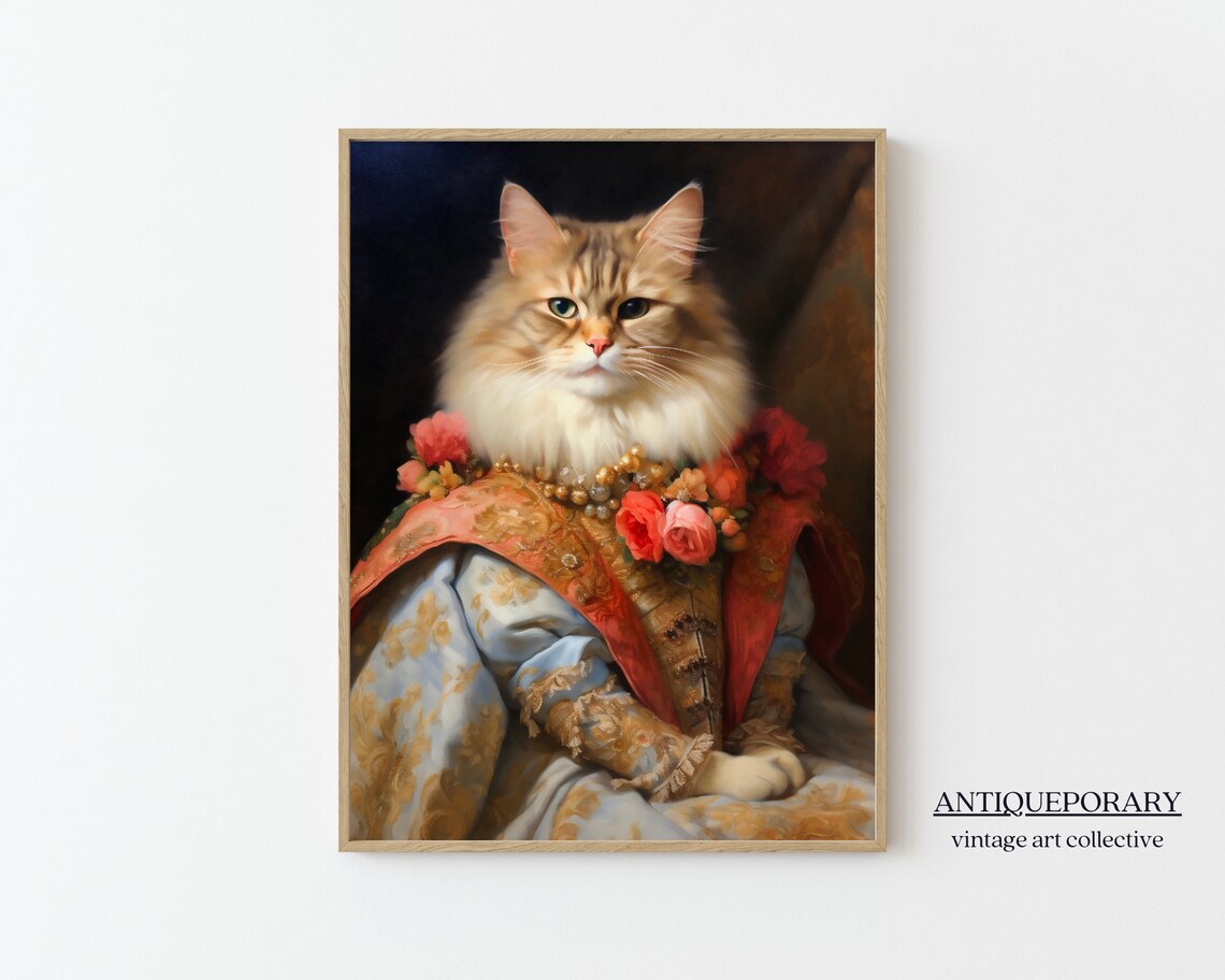 Royal Lady Cat Portrait Roses Pearls Victorian Gown Painting Poster