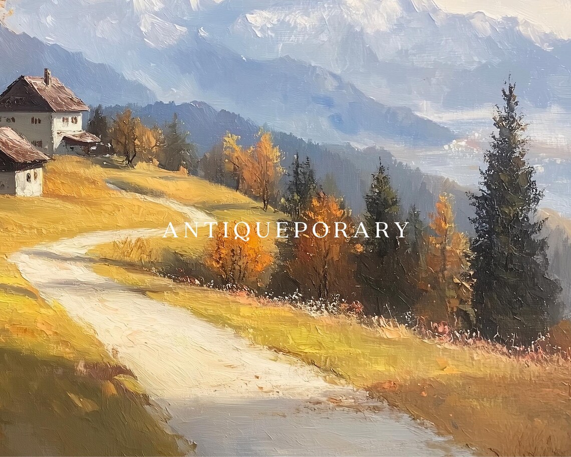 Alpine Farmhouse Hillside Road Snow Peaks Vintage Landscape Poster - Image 2