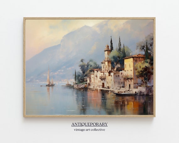 Vintage Country Painting French Lake Landscape Print Rustic Village Art Oil Painting Vintage City Print