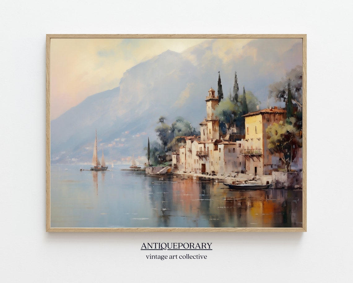 Vintage Country Painting French Lake Landscape Print Rustic Village Art Oil Painting Vintage City Print