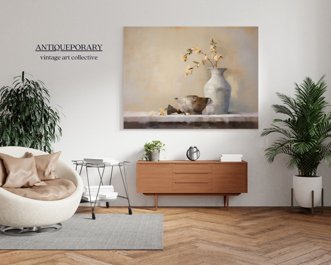 Soft Neutral Still Life White Vase Blossoms Vintage Beige Art Poster - Image 5